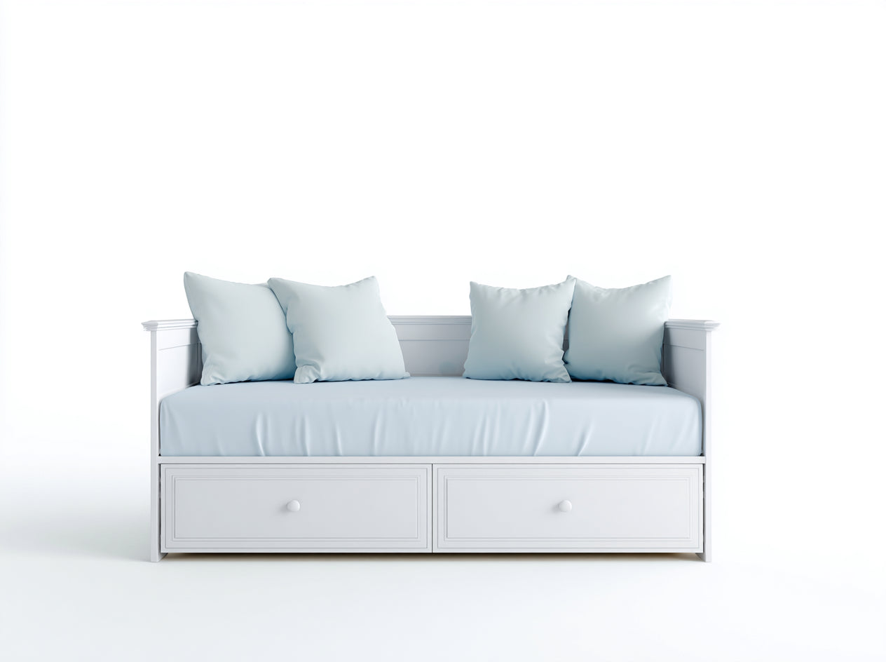 Schlafsofa Holzrahmen mit 2 Schubladen 205x98x86 cm - Weiß-Hellblau - Modernes Design für Gästezimmer