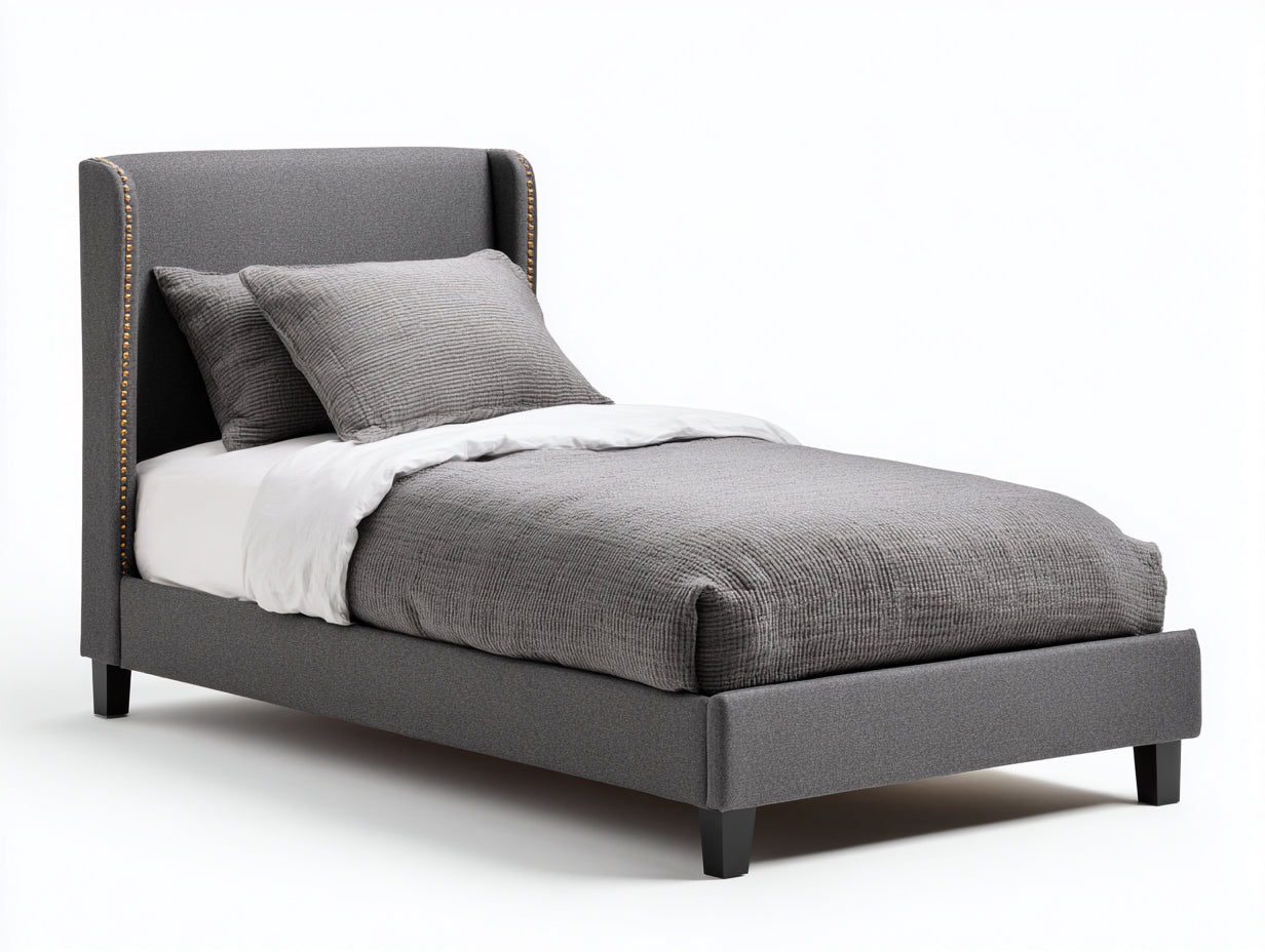 Einzelbett Stoff gepolstert 212x102x112 cm - Grau-Schwarz - mit hohem Kopfteil für Schlafzimmer