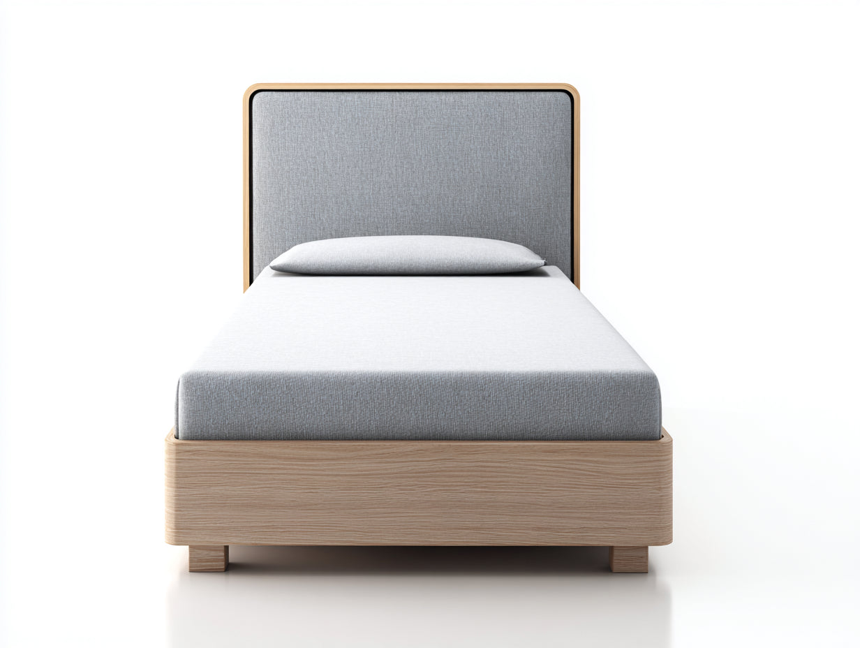Einzelbett Holzoptik Hellbraun mit grauem Polsterkopfteil 206x96x92 cm - Modernes Schlafzimmer