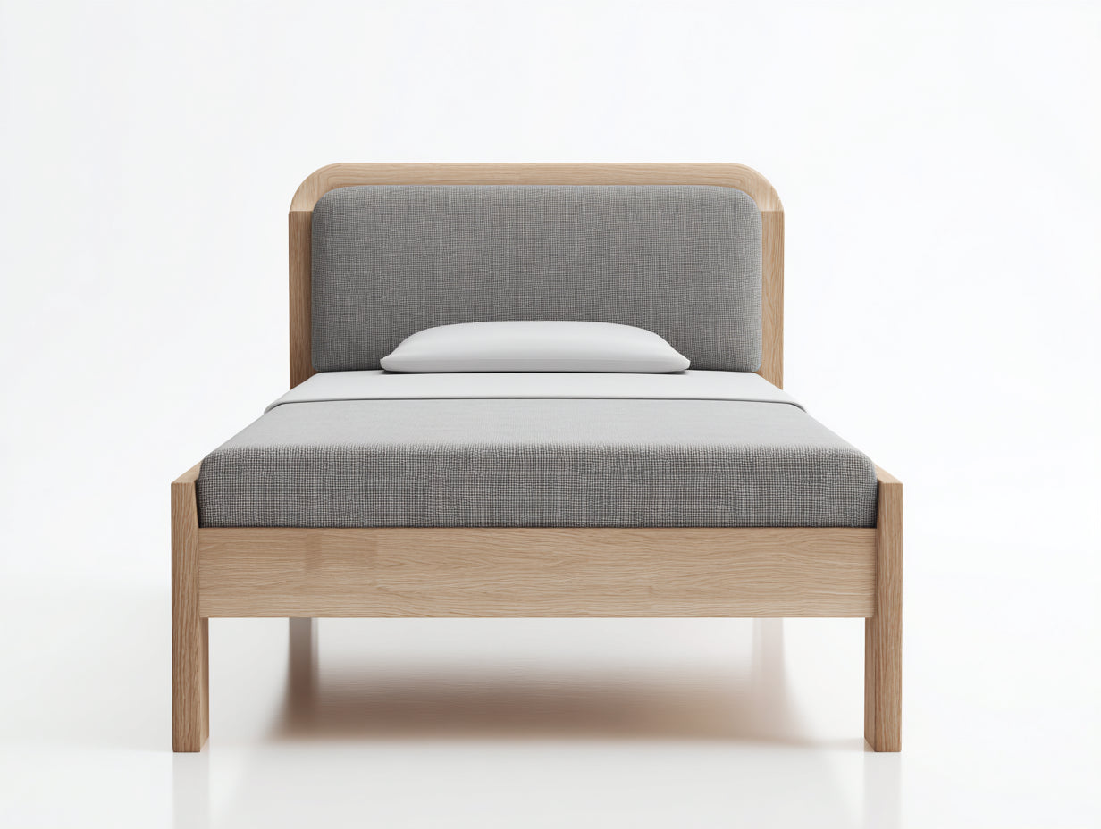 Einzelbett - Holzrahmen in Naturholz und gepolstertes Kopfteil in Grau 204 x 104 x 96 cm - Modernes Bett für Schlafzimmer